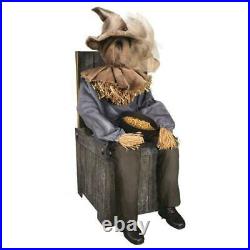Animated Spooky Sitting Scarecrow On Chair Motion Sound Sensor Halloween Decor