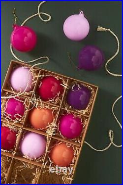 Anthropologie 3 Glass Opaque Ball Ornament Set of 9 Christmas Warm Pink Purple