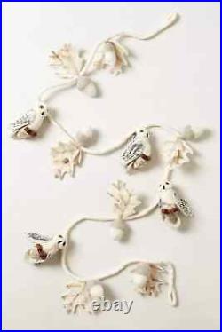 Anthropologie Garland FELTED OWL Leaves Holiday Wool Neutral Ivory Rope 6′ NWT