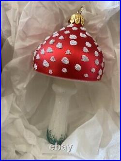 Anthropologie Handblown Glass Mushroom Ornament Glitter Toadstool Poland RareNEW