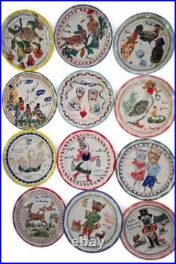 Anthropologie Lété 12 Days of Christmas Dessert Plates Set of 12, Excellent Cond