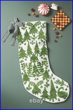 Anthropologie Noelle Stocking Green Embroidered Trees Gray Velvet Bow HolidayNEW