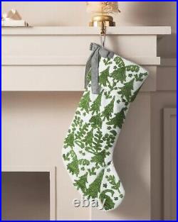 Anthropologie Noelle Stocking Green Embroidered Trees Gray Velvet Bow HolidayNEW