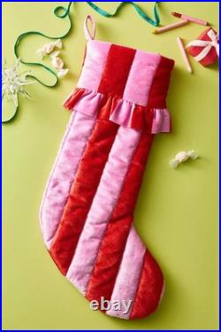 Anthropologie Ruffled Stripe Christmas Stocking New Red Pink Green Set