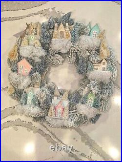 Anthropologie Snowy Village Wreath Christmas Lights Up Flocked New in Box