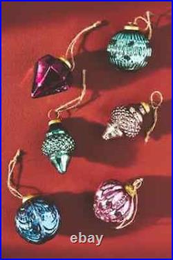 Anthropologie Vintage Style Glass Ornaments Bright Metallic Set of 6 Ornate NEW