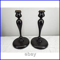 Antique 1900′s Dark Wood Candlestick Holders Pair Ornate Brass Top Elegant