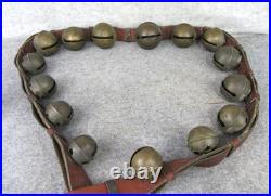Antique Christmas 15 Graduated Brass Horse Winter Sleigh Bells w Leather Strap