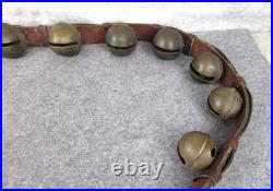 Antique Christmas 15 Graduated Brass Horse Winter Sleigh Bells w Leather Strap