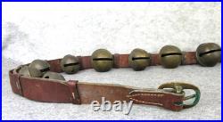Antique Christmas 15 Graduated Brass Horse Winter Sleigh Bells w Leather Strap