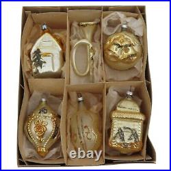 Antique West Germany Set of 6 Gold Black Mica Glitter Ornaments Victorian Chic