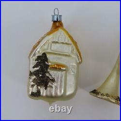 Antique West Germany Set of 6 Gold Black Mica Glitter Ornaments Victorian Chic