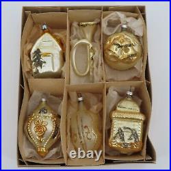 Antique West Germany Set of 6 Gold Black Mica Glitter Ornaments Victorian Chic