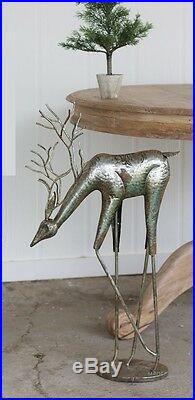 Antiqued Silver Metal Deer Sculptures Statues Reindeer Holiday Set Of 2