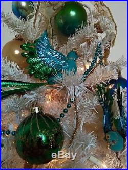 Artificial 3' White Christmas Decorated Tree White Icicle Lights & Birds