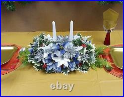 Artificial Christmas Table Centrepiece Blue Poinsettia Roses Berries Holly Ivy 7