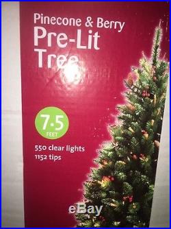 Artificial Christmas Tree 7.5 ft Pre-Lit 550 Clear Lights Berries & PineCone