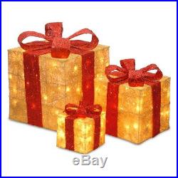 Assorted Sisal Gift Boxes with Lights Set of 3, Gold