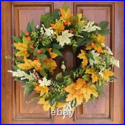 Atrificial Fall Wreath with Autumn Orange hues, Greens, Berries Front Door Decor