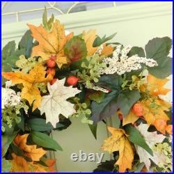 Atrificial Fall Wreath with Autumn Orange hues, Greens, Berries Front Door Decor