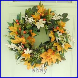 Atrificial Fall Wreath with Autumn Orange hues, Greens, Berries Front Door Decor
