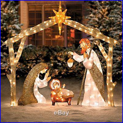 BEAUTIFUL SHIMMERING LIGHTED CHRISTMAS NATIVITY OUTDOOR YARD DECOR NEW