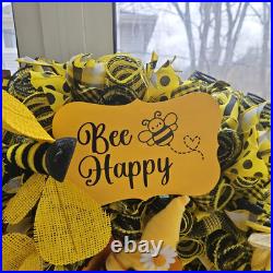 BEE HAPPY Floral Spring Summer Deco Mesh Front Door Wreath Decor