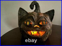 BIG Vintage PAPER MACHE JACK O LANTERN Halloween CREEPY PUMPKIN CAT Handmade ART