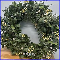 Balsam Hill-Light Issue- White Berry Cypress Wreath 34 Prelit $229 NEWithOpen Box