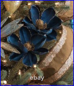 Balsam Hill Magnolia Picks Set 12 Navy Blue Copper Flower Christmas Tree Decor