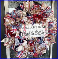 Baseball Check Field Deco Mesh Front Door Wreath, Coach Team Mom Parent Gift MLB