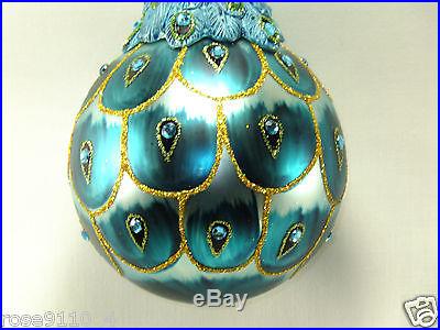 Beautiful 6 Peacock on Ball Ornament Blues /Teals New