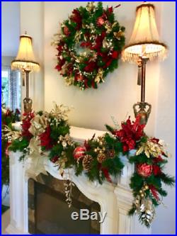 Beautiful Set of 2, Red Poinsettia, Christmas Garland, Wreath, Pre Lit