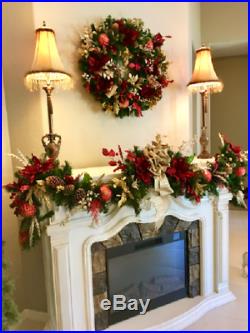 Beautiful Set of 2, Red Poinsettia, Christmas Garland, Wreath, Pre Lit