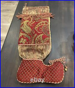 Bella Rose Christmas Stocking Burgundy Gold Brocade Tassel Bells Velvet 27 EUC
