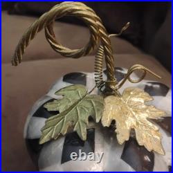 Black & White Harlequin Pumpkin Figurine, Gold Stem, Freestanding Halloween
