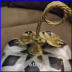 Black & White Harlequin Pumpkin Figurine, Gold Stem, Freestanding Halloween