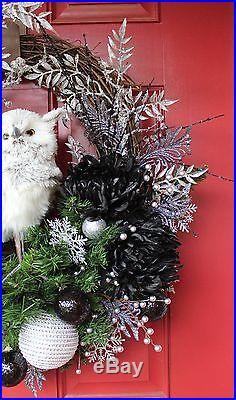 Black and Silver Glam Winter Owl Christmas Wreath, Large, Woodland Gray 13 Owl