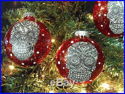 Black and White Sugar Skulls Decorated Glass Christmas Ornaments Set of 4