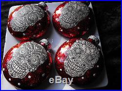 Black and White Sugar Skulls Decorated Glass Christmas Ornaments Set of 4