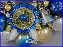 Blue/Gold/Silver Vintage Christmas Ornament Wreath Mercury Glass 16