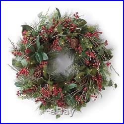 Boutique Woodsy Pine Berry Pre Lit Christmas Wreath Outdoor Holiday Greenery
