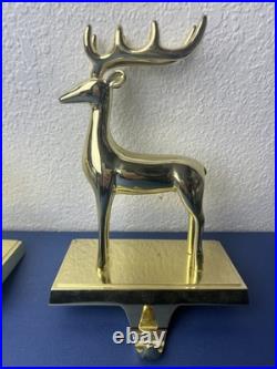 Brass Stag Reindeer Stocking Holders Pair Vintage Mid Century Mantel Decor