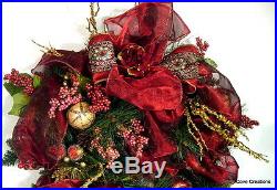 Burgundy Gold Williamsburg Christmas Door Wreath Beaded Fruit Hydrangeas