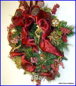 Burgundy Gold Williamsburg Christmas Door Wreath Beaded Fruit Hydrangeas