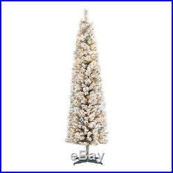 CHRISTMAS 7 Ft Pre-Lit Snow Flocked Pencil Artificial Tree Clear Lights Xmas Dec