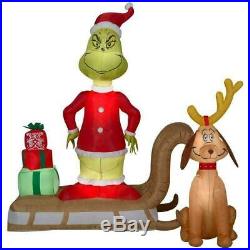 CHRISTMAS SANTA DR SEUSS GRINCH & MAX SLED SLEIGH Airblown Inflatable GEMMY