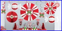 Candy Cane Honeycomb Hanging Paper Fans With Candy Cane Ceiling Decoration x 6