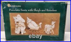 Centerpiece Traditions Porcelain Santa With Sleigh & Reindeer in Original Box