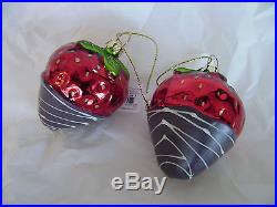 Chocolate Covered Strawberries Glass Christmas Tree Ornaments set of 2 NEW 3